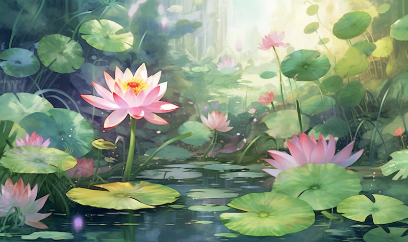 二十四节气夏季夏天立夏小暑雨水水滴池塘荷塘水塘荷花荷叶绿色背景插画,插画/手绘图,插画/手绘图库,插画/手绘图下载,插画/手绘